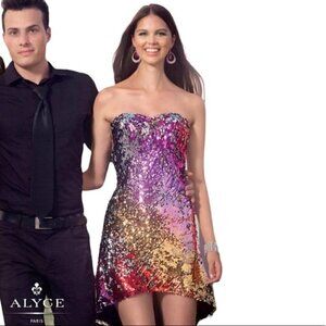 NWT Alyce Paris Rainbow Sequin High-low Strapless Prom Mini Dress Size: 6